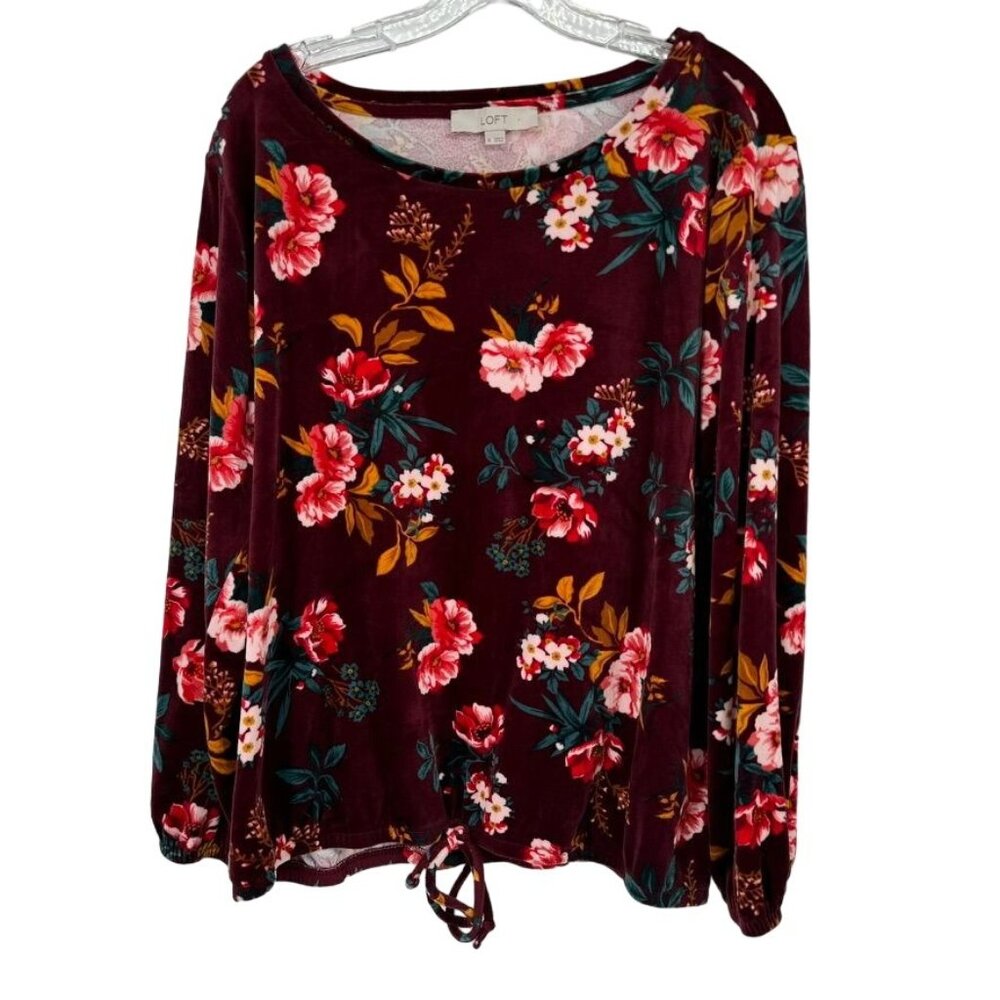 LOFT Floral Burgundy Velvet Long Sleeve Top Tie bottom womens long sleeve sz XL